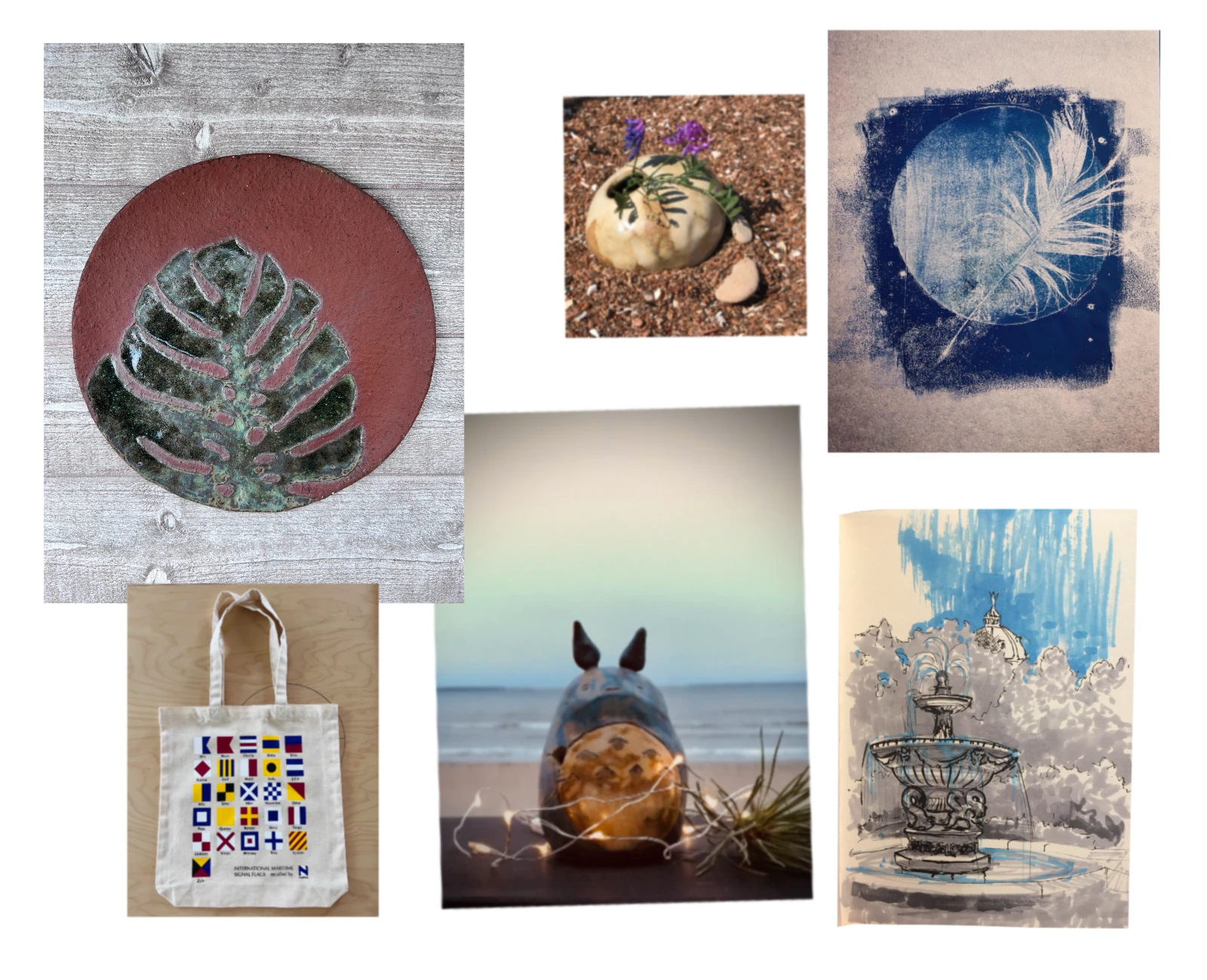 Collage of Maia Mitšulis’s creative work, including ceramics, photography and painting